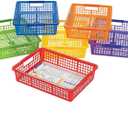 Fun Express Stackable Storage Bins 13x9.75x3 Inch - 6 Pack Colorful Plastic Storage Baskets with Handles for Classroom Organization | Paper Trays for Teachers, Office Storage & Home Organizing