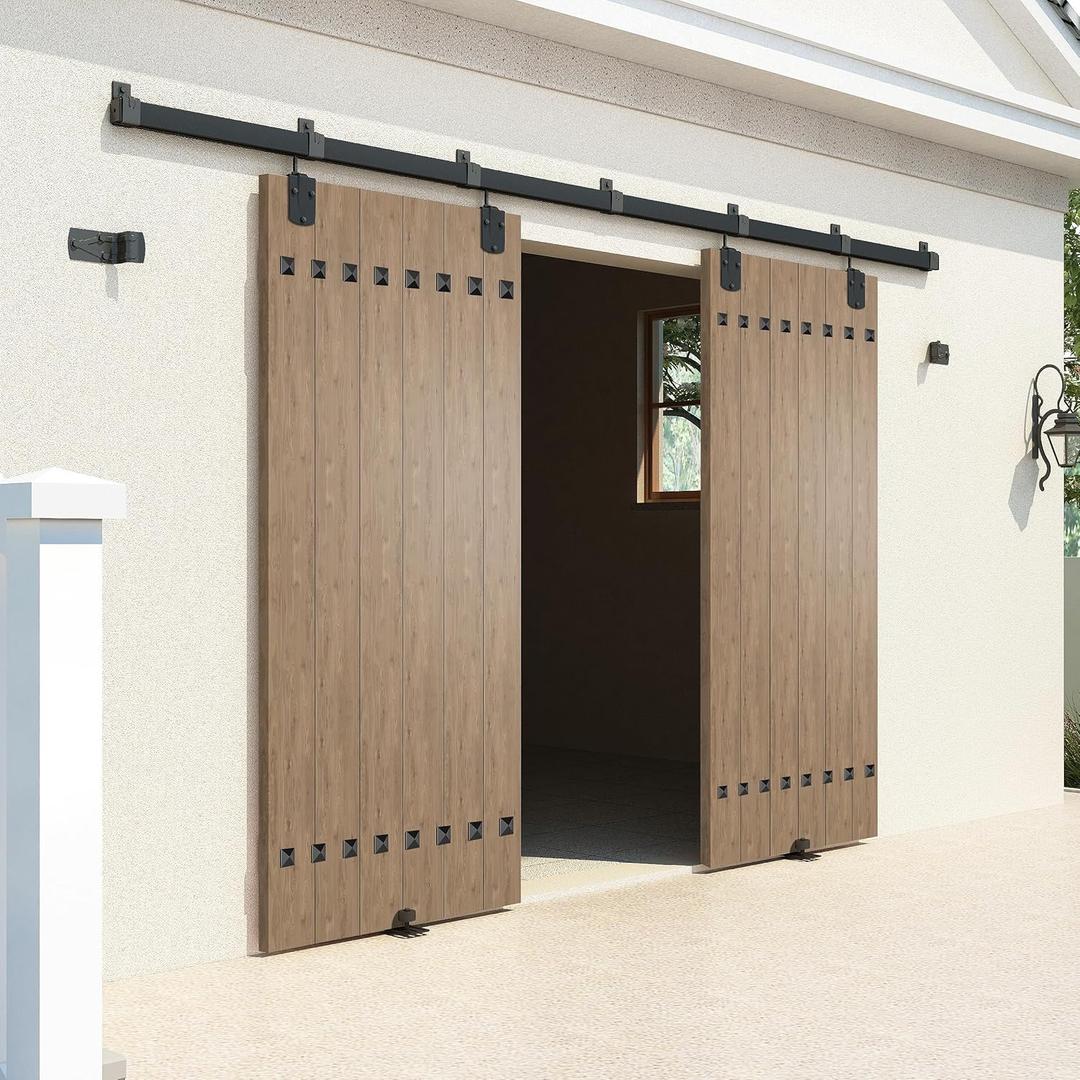 14FT Heavy Duty Box Rail Exterior Sliding Barn Door Hardware Kit, 450 lbs Capacity, Black Powder Coated Finish,Kit for Outdoor,Fit MAX 2 X Door Width 84in