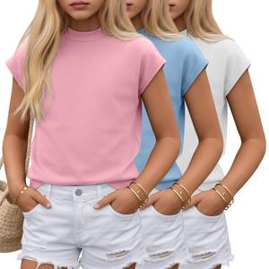 YooAurvox 3 Pack Girls Shirts Summer Cap Sleeve Fashion Mock Turtleneck Tops Kids Loose Fit Casual 2026 Trend Tees 5-14 Y(13-14 Years,Light Pink, Light Blue, White)