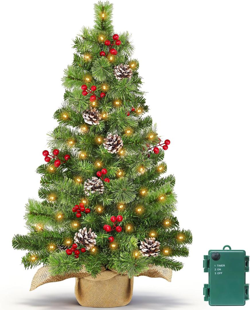 Timer - 3 ft Artificial Small Christmas Tree with 50 Warm White Lights, Mini Table top Christmas Tree, Battery Operated 100 Thick Branches Pinecones Red Berries Burlap Base Xmas Desk, Home Decor