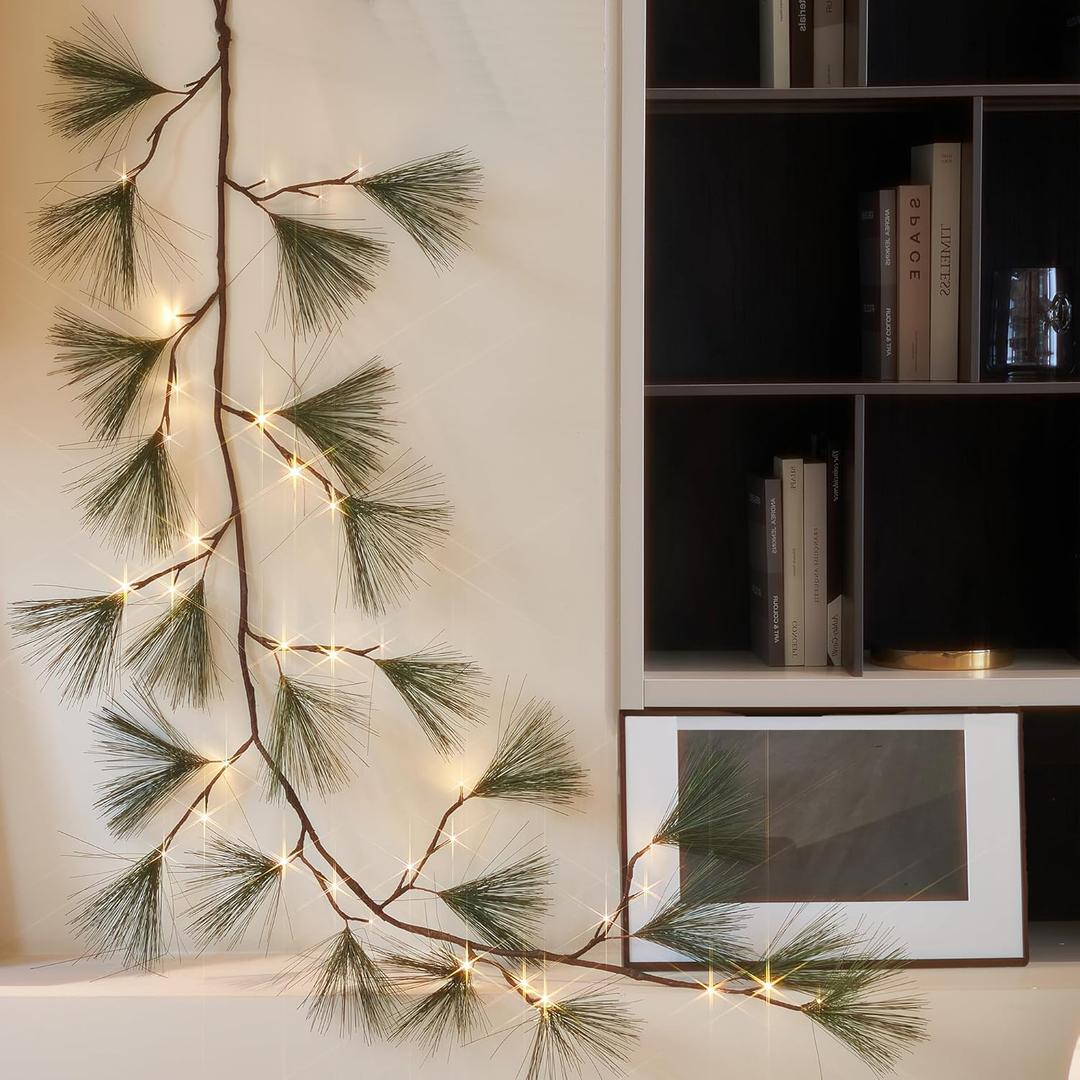 BAOLITVINE Christmas Pine Garland with Timer 6FT, Lighted Vine Garland Battery Operated and USB Powered with 36 LED Lights for Fireplace Mantle Table Wall Christmas Decorations Inside Outside