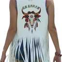 Women Tassel Sleeveless Rhinestone Cowgirl Vest 70s Hippie Faux Suede Fringe Jacket (Bull-white), XL
