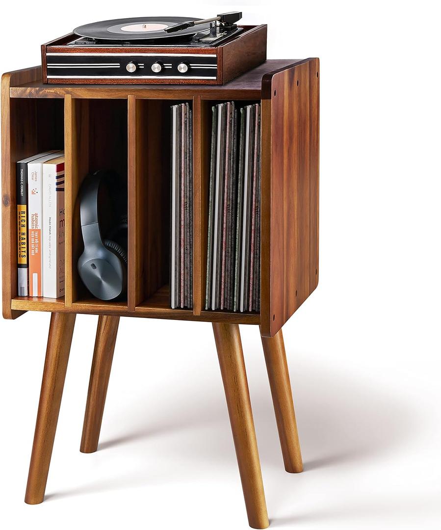 2BHOME Wooden LP Record Player Stand with 4 Cabinets, Holds up to 100 Vinyls, Metal Record Storage Holder and Organizer Table, Classical Design for Files/Book (Mid-Century Modern) (Warm Acacia)