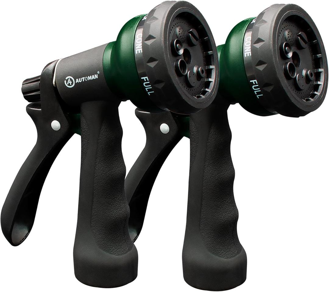 AUTOMAN Garden Hose Nozzle 2PK, ABS Water Spray Nozzle with 7 Adjustable Patterns, Slip Resistant for Watering Plants, Lawn, Garden, Washing Cars, Cleaning, Showering Pets & Outdoor Fun (Dark Green 2)