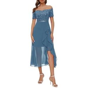 BeryLove Sequin Formal Wedding Guest Prom Party Dress Off Shoulder Cocktail Sparkly Midi Evening Dress (X-Large, Blue)