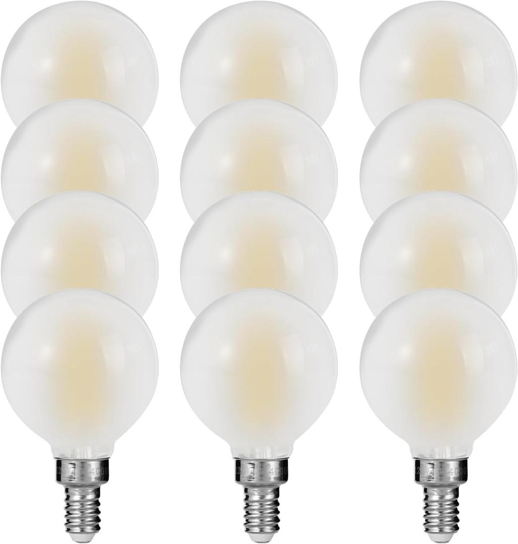 E12 G16 LED Globe Light Bulbs, Small Golf Ball Size Round Bulb, 6W (60W Equivalent) 600 Lumens, 4000K Daylight White, Dimmable, Frosted Glass, for Chandelier, Pendant, Sconce, Lamp  12 Pack