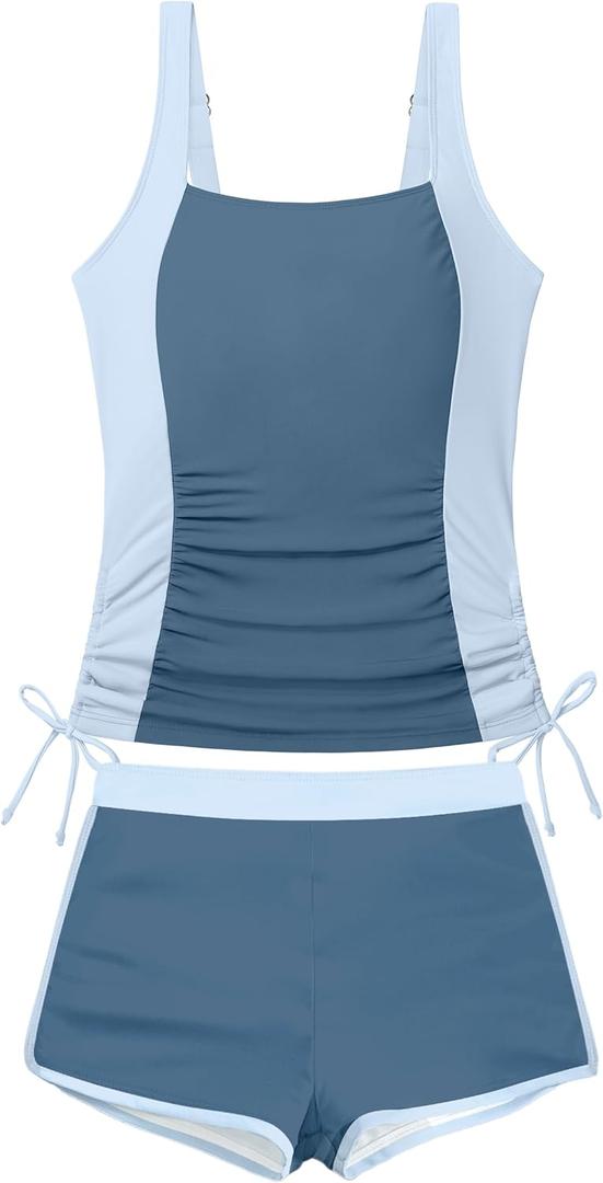 NAPU Girls Swimsuit Two Piece Tankini Swimsuits with Boyshort Ruched Bathing Suit Color Block Teen Girls' Swimwear  (13-14 Years, Blue)