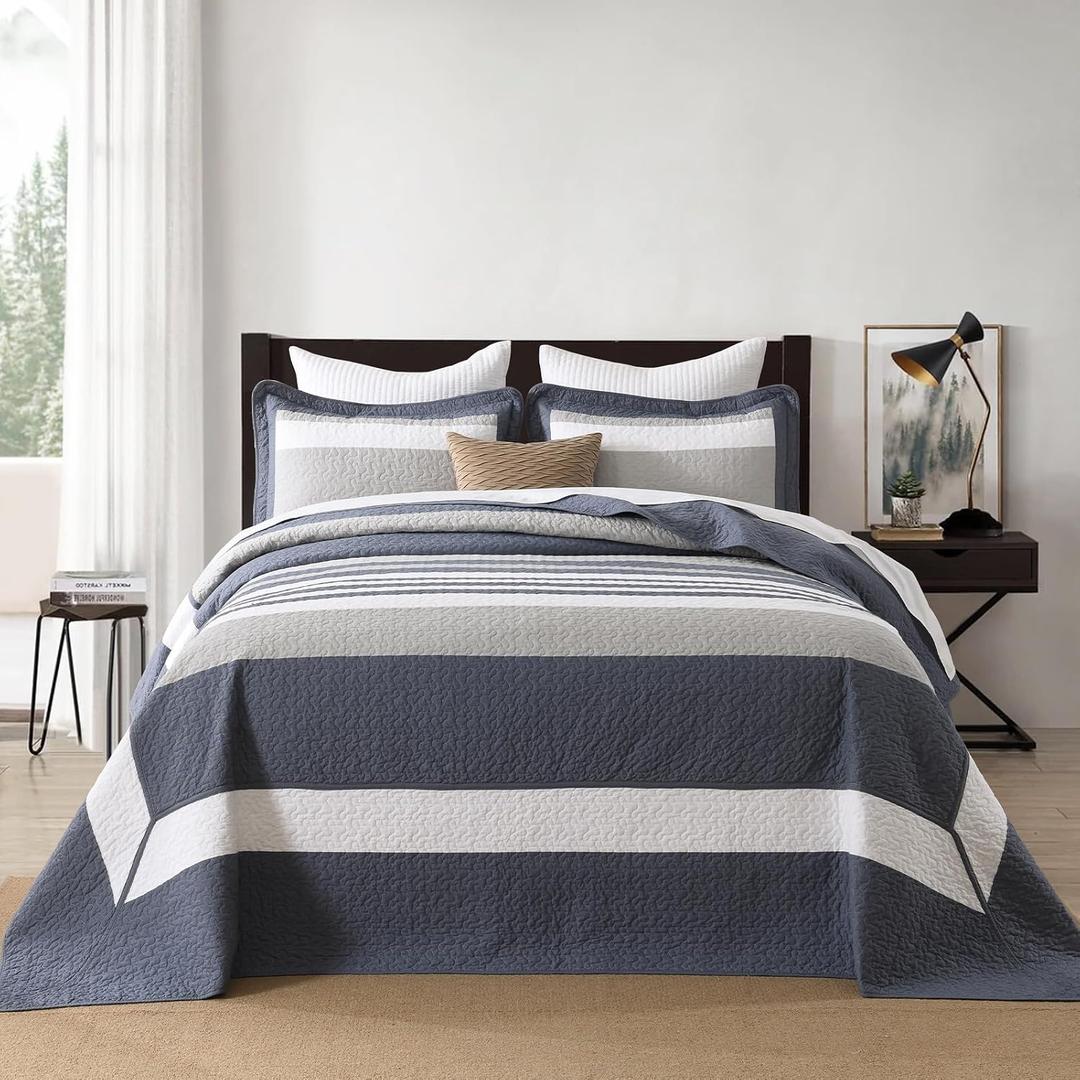 Cotton King Bedspread 120"x120" - Oversized Quilt Set with Pillow Shams, Lightweight Blue White and Gray Striped Bed Spread Coverlet, Modern Quilted Reversible Bedding Cover