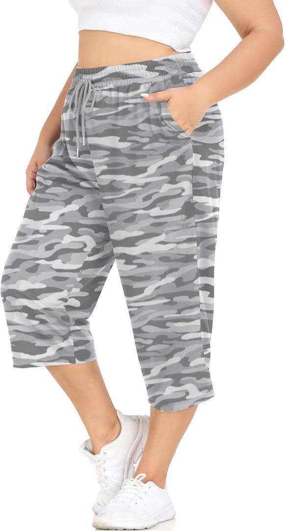 FOREYOND Plus Size Capri Pants for Women Loose Fit Yoga Pants with Pockets Workout Activewear Sweatpants (6X-Large Plus, Camouflage Grey)