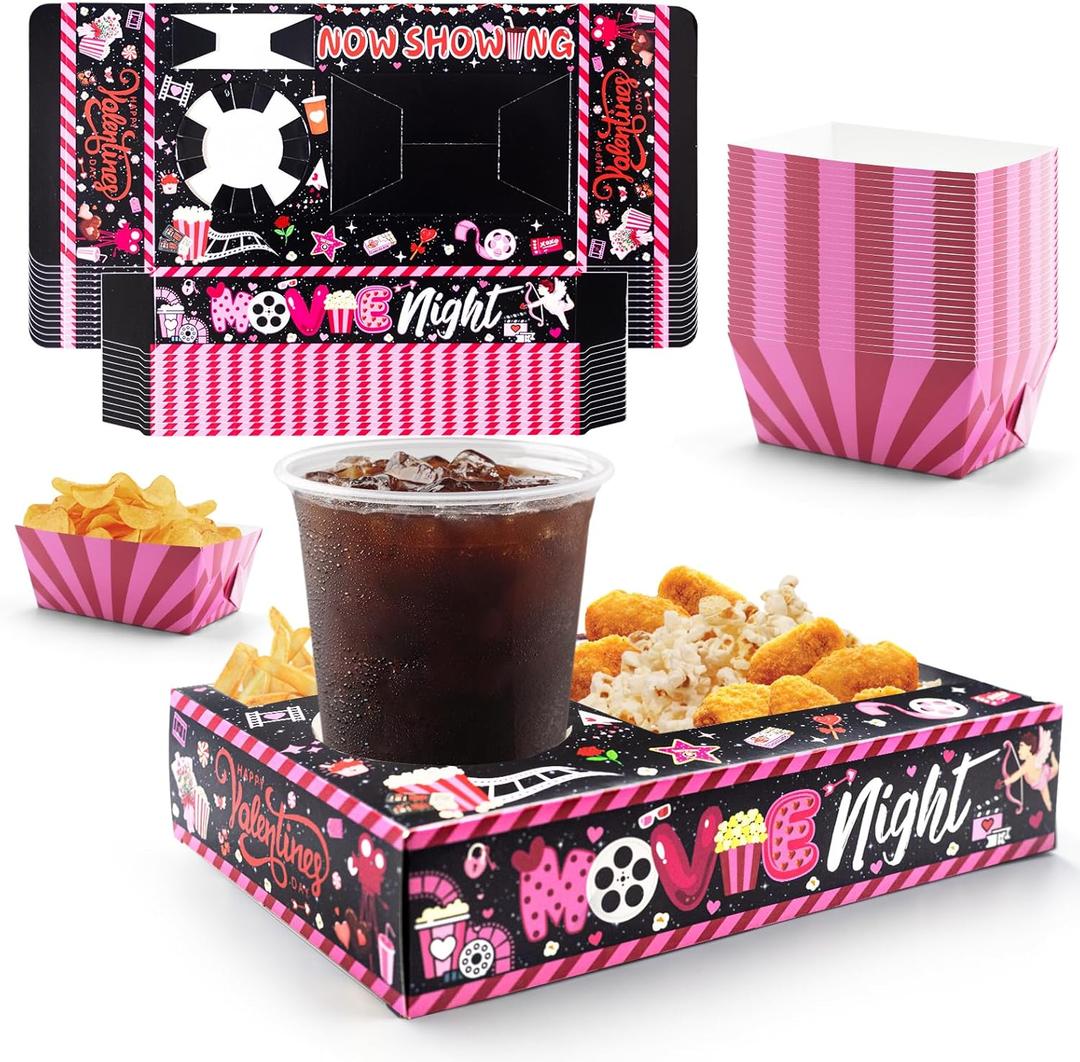 48 Pcs Valentine's Day Party Supplies - Movie Night Paper Snack Trays & Decorations - Heart Love Party Favors - Family Movie Popcorn & Drink & Candy Box
