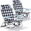2 Pack Lightweight Portable Camping Beach Chair for Adults, Outdoor Lay Flat Folding Beach Chairs with 5 Positions, Backpack Beach Chair with Towel Bar, Zipper Pouch, Cup Holder, Plaid