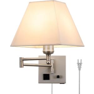 Plug in Wall Light,Swing Arm Wall Sconces with USB Port and Outlet,Wall Lamp with White Fabric Shade Dimmable Switch for Bedroom, Living Room , Office Nickel