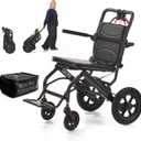 Ultra Lightweight Foldable Adults Wheelchair for Airplane Travel | 21.8 lbs Portable Transport Chair with Attendant Hand Brakes,Flip-Up Armrests, Dual Shock Absorption