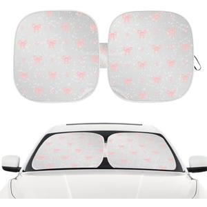 Pink Bow Car Windshield Sun Shade, Foldable UV Protection Window Sunshade with Silver Edging & Storage Pouch, Auto Interior Accessories for Sedan, SUV & Hatchback
