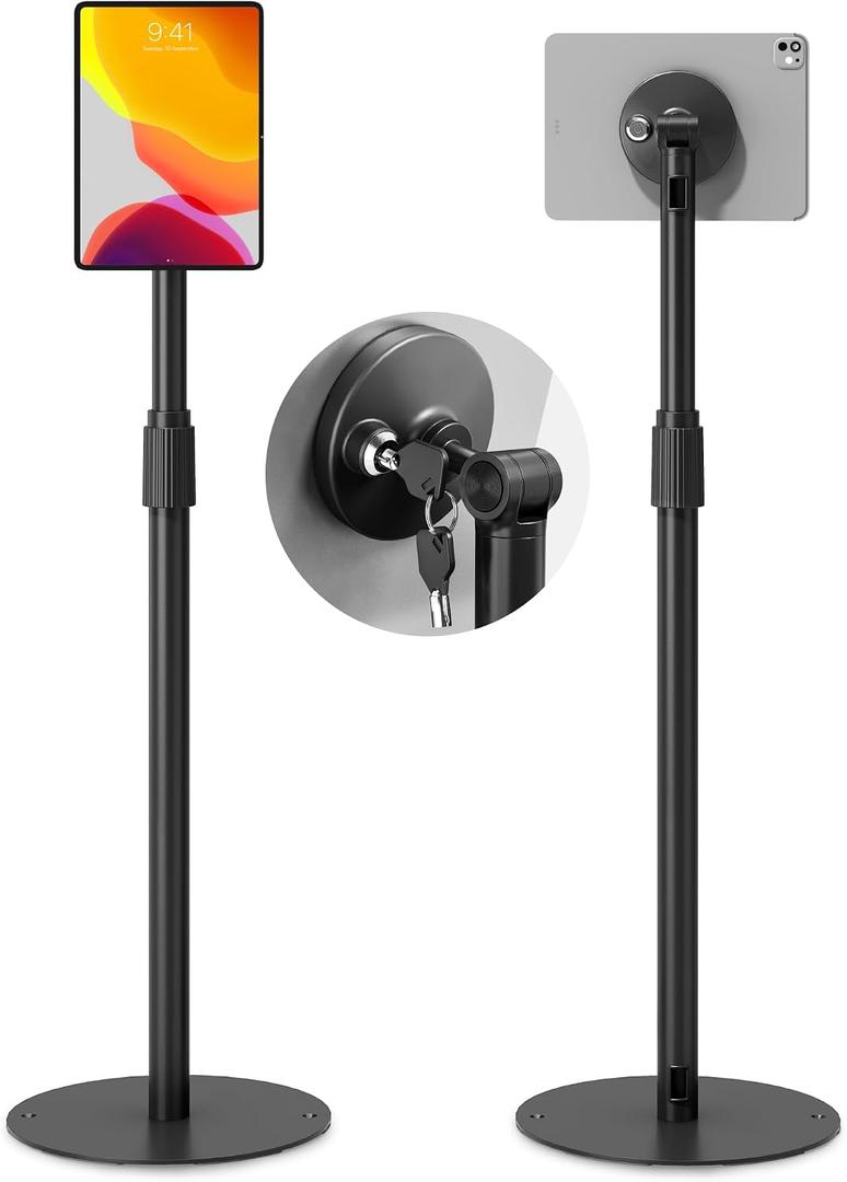 monTEK Anti-Theft Tablet Floor Stand, Frameless Universal Tablet Kiosk with Security Lock Fit 7-15” Screen, Height Adjustable Mount Compatible with Gen 7 to 10 /iPad Pro/Air/Mini/Samsung Tab, Black