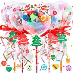 ARQRHTLY 19Pcs Christmas Giant Lollipop Container, Christmas Stationery Goodie Bags, Exchange Gifts with Cards Pencils Stickers for Kids Students Classroom School Party Favors Prizes Rewards