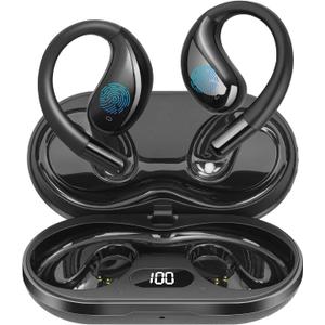 Open Ear Clip Wireless Earbuds Bone Conduction Headphones, Bluetooth 5.4, Open Ear Design for Running Fitness,OfficeBuilt-in Mic, IPX7 Waterproof, LED Display Charging Case,Ear Hooks Black