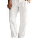 Runcati Mens Casual Linen Pants Pleated Elastic Waist Lightweight Trousers Summer Beach Yoga Pants with Pockets White