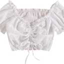 Women's Drawstring Ruched Crop Blouse Bow Tie Ruffle Short Sleeve Going Out Tops (White, S)