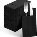 Linen-Feel Black Paper Napkins, Cloth Like Dinner Napkins with Built-in Flatware Pocket, Pre-Folded Absorbent Disposable Guest Paper Hand Towels for Bathroom, Weddings Party(50 Pack)