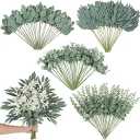120 Pcs 4 Kinds Mixed Artificial Eucalyptus Leaves Stems Bulk Fake Silver Dollar Eucalyptus Bundle Faux Plants Greenery for DIY Bouquets Floral Arrangement Wedding Engagement Party Decor (Green)