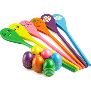 JOYIN Easter 12PCS Egg and Spoon Race Game Set, 6 Woodeen Egg and Spoons with Assorted Colors Outdoor Games, Party Favor Supplies