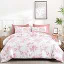 Luxudecor Floral King Comforter Set 7 Pieces Bed in a Bag, Pink Rose Romantic Flower Bed Set, Soft Reversible Comforter with Sheet Set 104"x90"