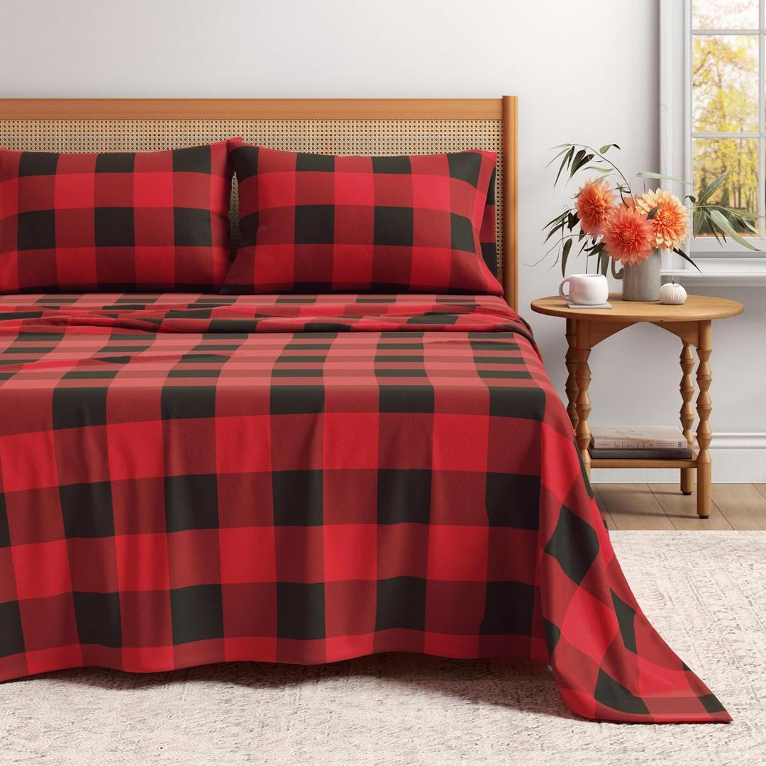 Great Bay Home Flannel Sheet Set Full Size - 100% Turkish Cotton, Double-Brushed, Printed Bed Sheets - Ultra-Soft, Cozy, 4-Piece Bedding Set (Buffalo Check Red/Black)