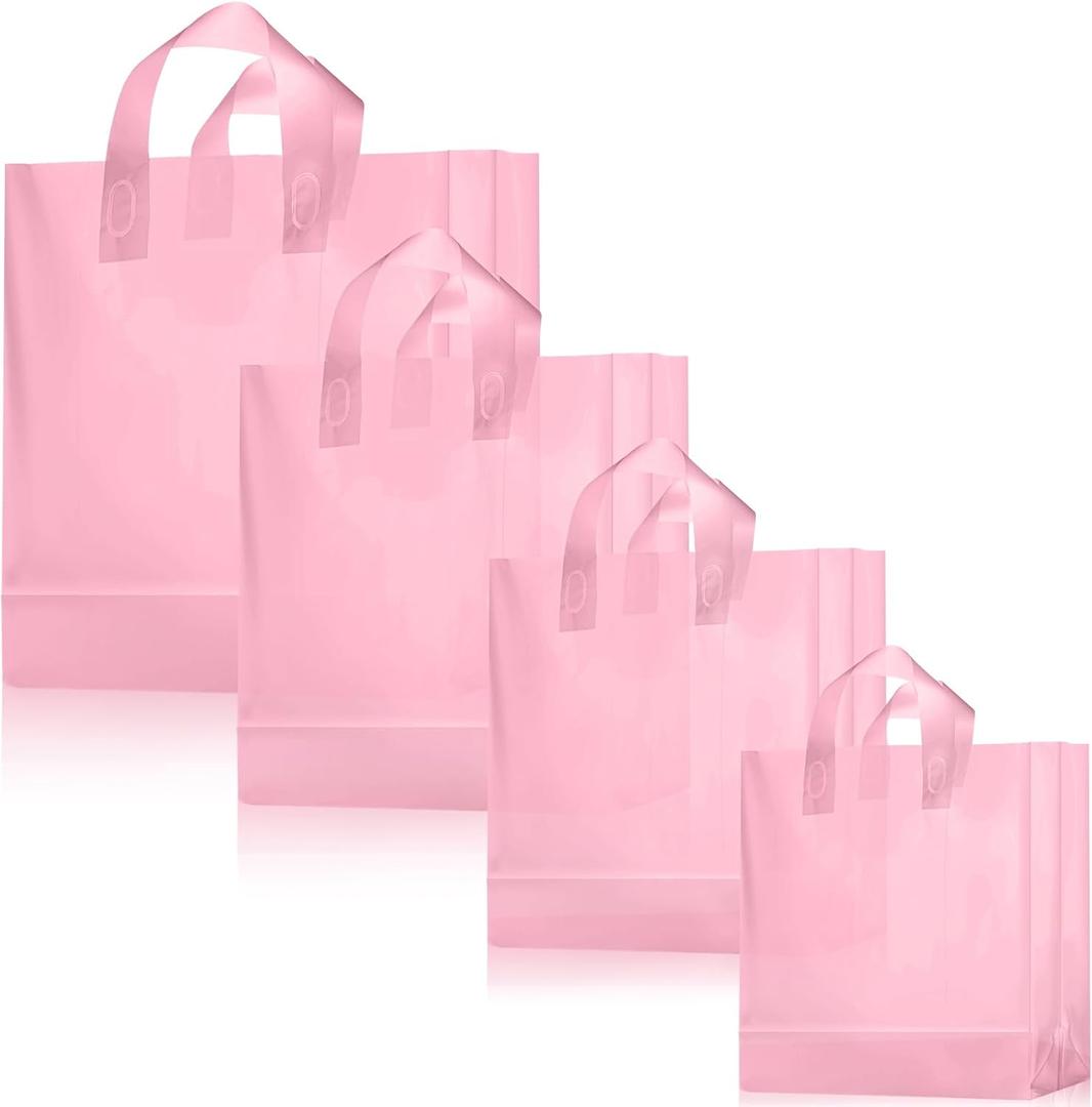 Weewooday 100 Pcs Frosted Plastic Gift Bags with Handles for Small Business Clear Shopping Bags with Cardboard Bottom,4 Sizes (Light Pink)