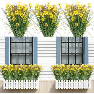 6 Bundles Artificial Flowers for Outdoors Fake Silk Flowers UV Resistant No Fade Plastic Flowers for Spring Summer Outside Garden Porch Window Box, Indoor Table Vase Home DecorYellow