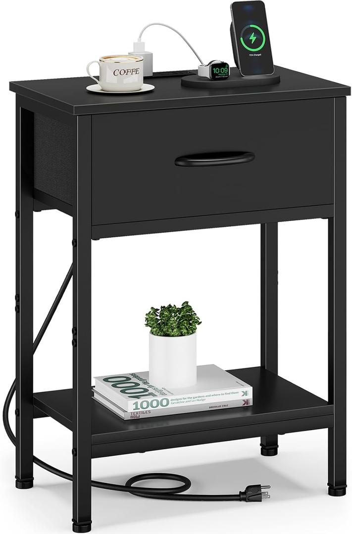 Vagusicc Black Nightstand with Charging Station, End Table with Fabric Drawer, Small Side Table with 2-Tier Storage Shelves, 25.4" Tall Bedside Table, Black Night Stand for Bedroom, Living Room, Dorm (Black (1 Pack))
