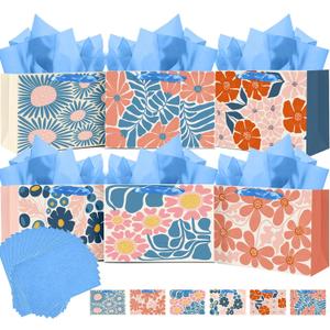 qiqee Medium Paper Gift Bags with Tissue Paper Handles 6PCS Winter Flowers Cardboard Floral Gift Bags for Women Mom Grandma Party Supply (6PCS Bags+Tissue Paper)