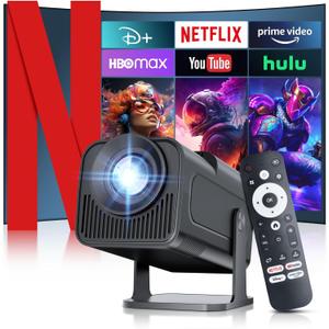 [ 2025 Netflix Licensed ] 4K Projector with Wifi Bluetooth, Android 13 Smart Projector w Built-in Netflix/YouTube/PrimeVideo/D+, Auto Keystone, 1080P Native Mini Portable Projector for Outdoor Movies (Black)
