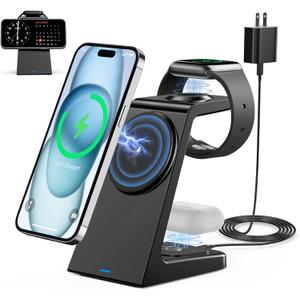 3 in 1 Magnetic Wireless Charging Station Apple 20W Charger Stand Magnetic Wireless Charger for iPhone 16 15 14 13 12 Pro/Pro Max/Plus/Mini AirPods 2/3/Pro iWatch Ultra/8/7/SE/6/5/4/3/2 (3 in 1) (Black)