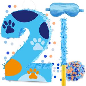 16 Inch Number 2 Dog Paw Pinata with 16 Inch Piata Stick Blindfold Confetti for Boy Girl Kids 2nd Birthday Party Decorations (2nd)