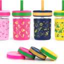 Sursip Toddler Glass Sippy Cups, Kids Baby 12 oz Spill-Proof Water Tumbler with Straw and Lids, Smoothie Snack Mason Jar For Travel School or At Home, 4 Packs