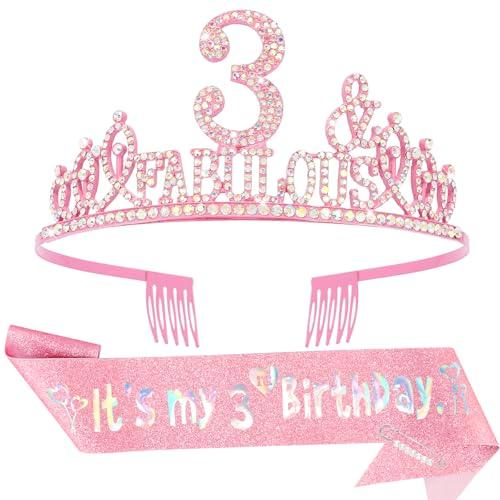 Hapdoo 3rd Birthday Decorations for Girls Set - Happy 3rd Birthday Princess Crown and Glitter Sash, 3 Year Old Girl Tiara Party Decorations Supplies Outfit Accessory Gifts