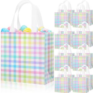 Sweetude Spring Easter Checkered Gift Bag with Handles Easter Eggs Hunt Bags Party Favors Non Woven Reusable Tote Bags for Women Wedding Birthday Baby Shower Party Decoration