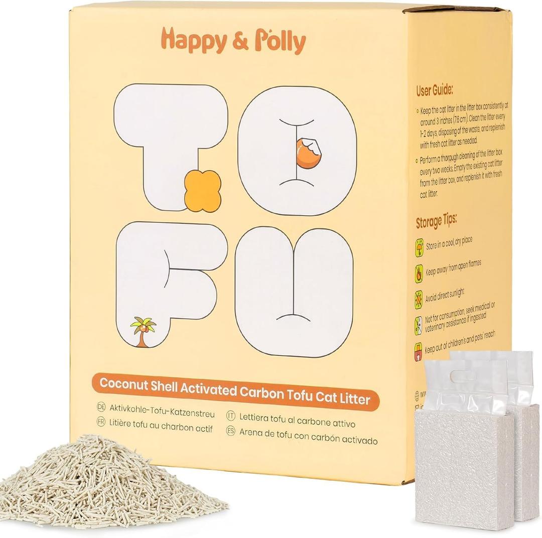 Happy & Polly Tofu Cat Litter Fast Clumping, Flushable, Ultra Absorbent, Low Tracking, 100% Natural Raw Materials with Coconut Charcoal 11 LB(5.5LB*2 Bags)