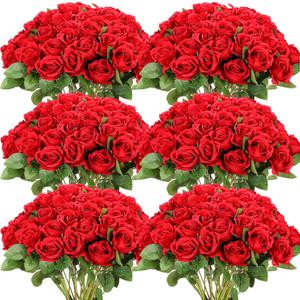 Jexine 50 Pcs Artificial Rose Flower Bulk Realistic Silk Fake Roses with Long Stem Plastic Artificial Flower Bouquet Real Looking for Home Wedding Centerpieces Party Decoration(Red)