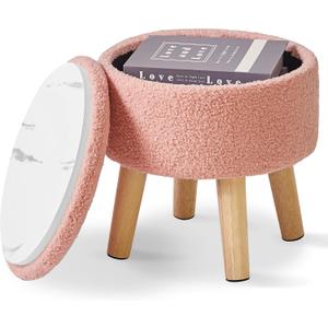 IBUYKE 13 Inch Foot Stool Ottoman with Storage, Round Small Foot Rest with Padded Seat and Wood Legs, Teddy Velvet Mini Footstool for Living Room Couch Bedroom Entryway, Pink WBD006P