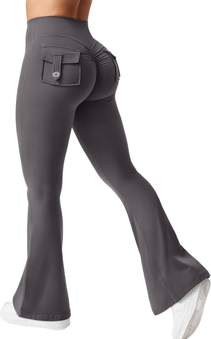 YEOREO CoreFlex Flare Leggings with Pockets for Women Scrunch Workout Leggings Butt Lifting Gym Yoga Pants Dark Grey, XS