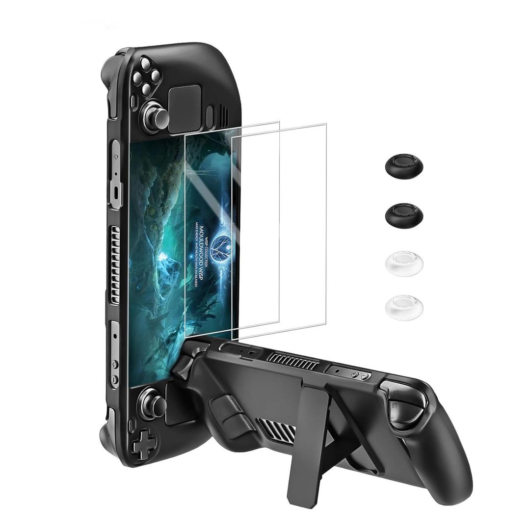 bibuks Steam Deck /OLED Protective Case,Non-Slip Skin Protective Shell Accessories,Steam Deck Case with Kickstand ,2 Screen Protector, 4 Thumb Grip (Black)