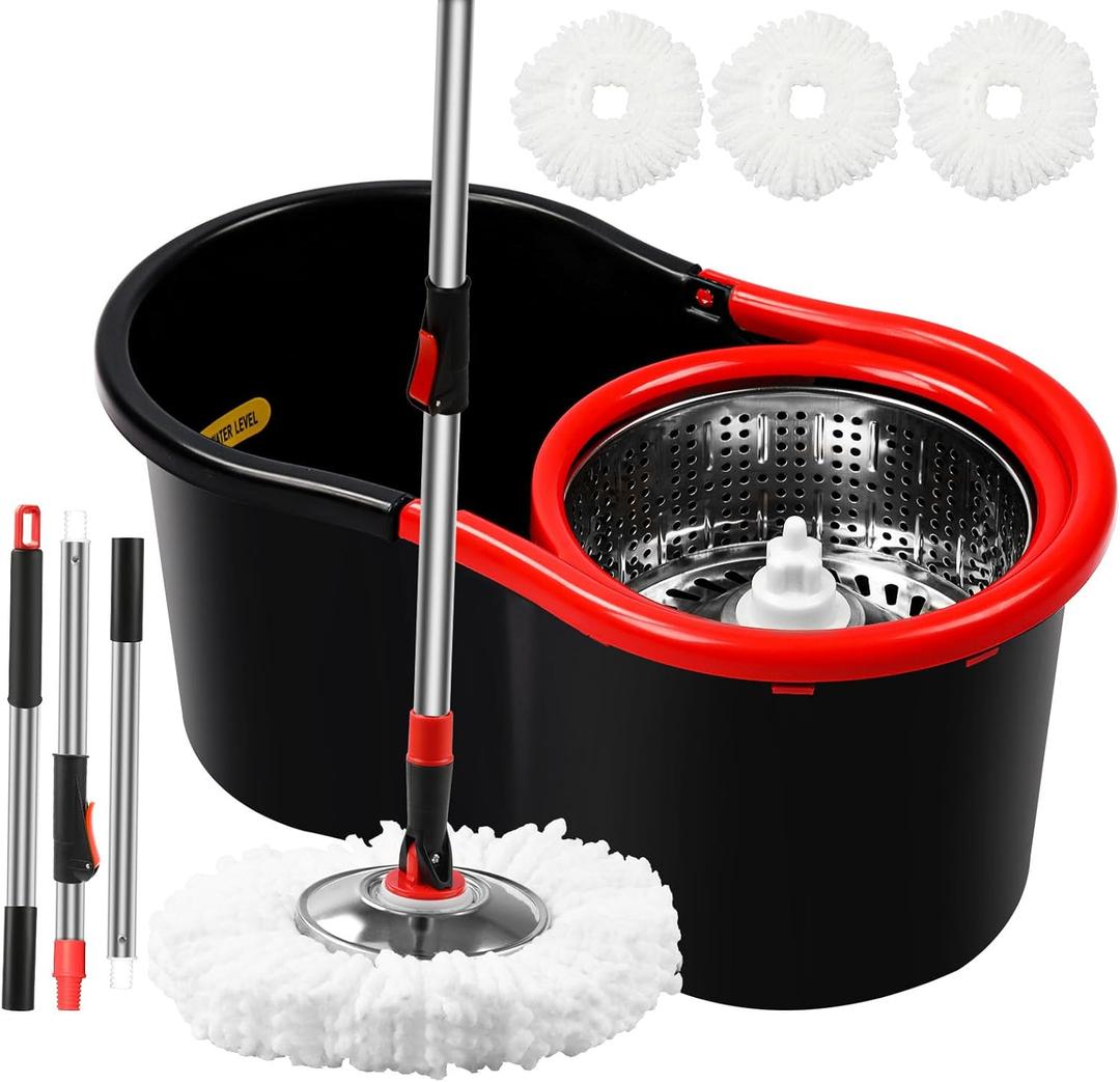 Spin Mop and Bucket with Wringer Set,360 Mop and Bucket System with 3 Microfiber Mop Refills and 50" Extended Handle for Floor Cleaning (Black)