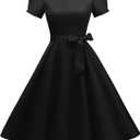 tagunop Women's Boatneck Vintage 1950s Cocktail Party Dress with Puff Sleeves Black M