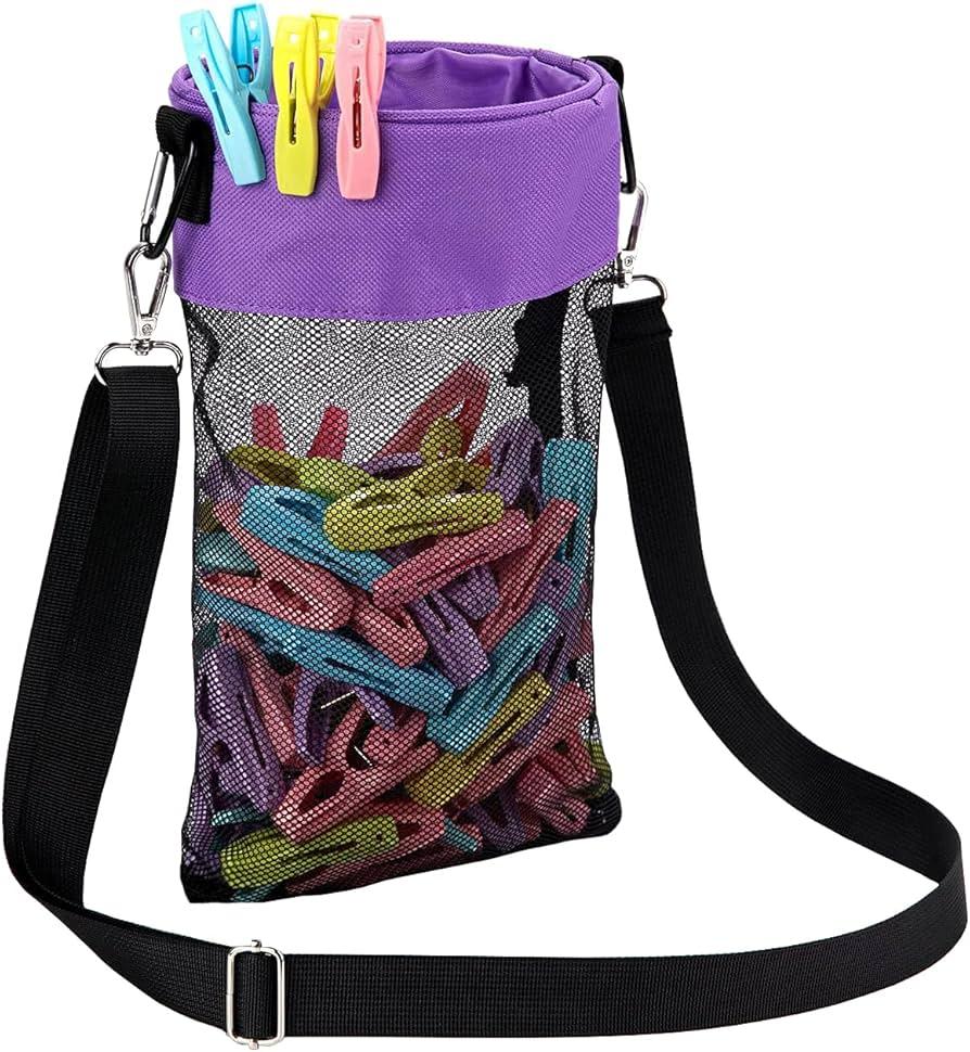 Mesh Clothespin Bag with Hooks Hanging Clothes Pin Bag with Drawstring Closure Clothespin Holder, Ventilation and Moisture Resistance, Storage Organizer, Machine Washable Purple