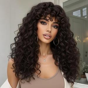 AISI HAIR Curly Wigs for Black Women Dark Brown Wig with BangsGlueless Bangs Wigs for Women Long Kinky Curly Wig 22 inch for Daily Use