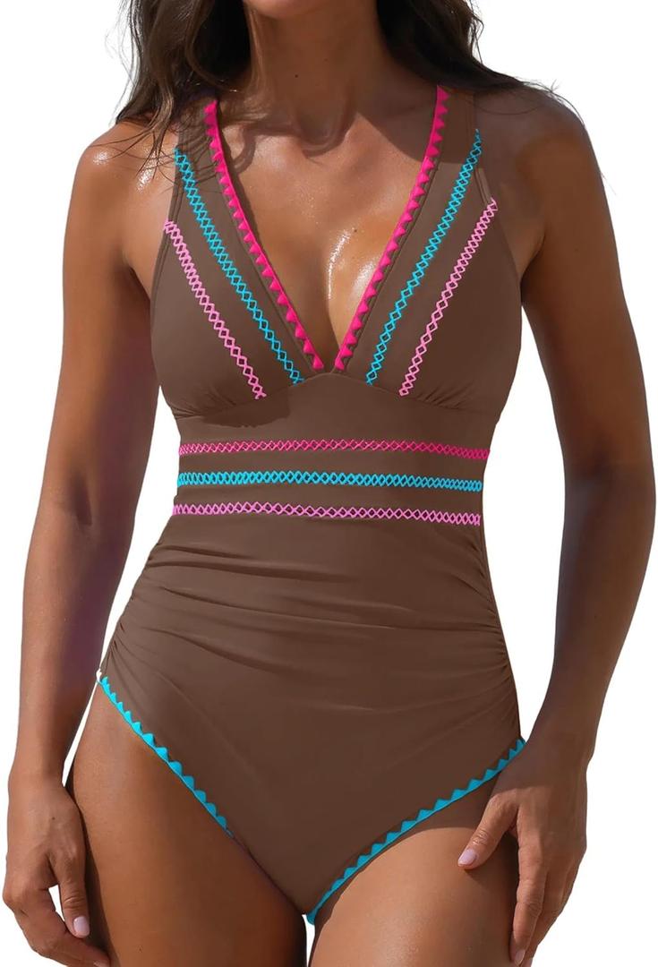 popvil One Piece Swimsuits for Women 2026 Tummy Control Neon Bathing Suit with Adjustable Strap (Small, Brown)