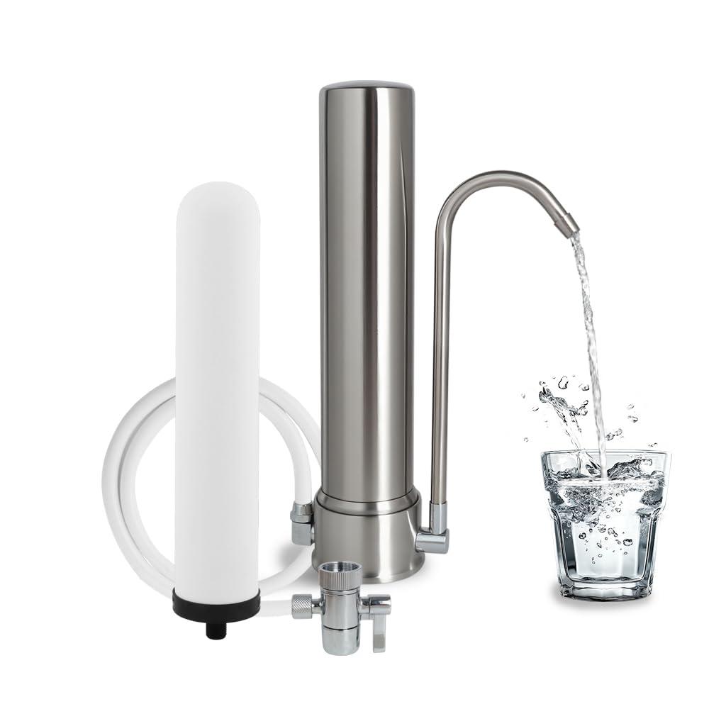 Amwater Countertop Water Filtration System, 5-Stage Stainless Steel Countertop Filter, 8000 Gallons Water Filter-Reduction of Lead, Chlorine, Heavy Metal Bad Odors (1 Filter Included)