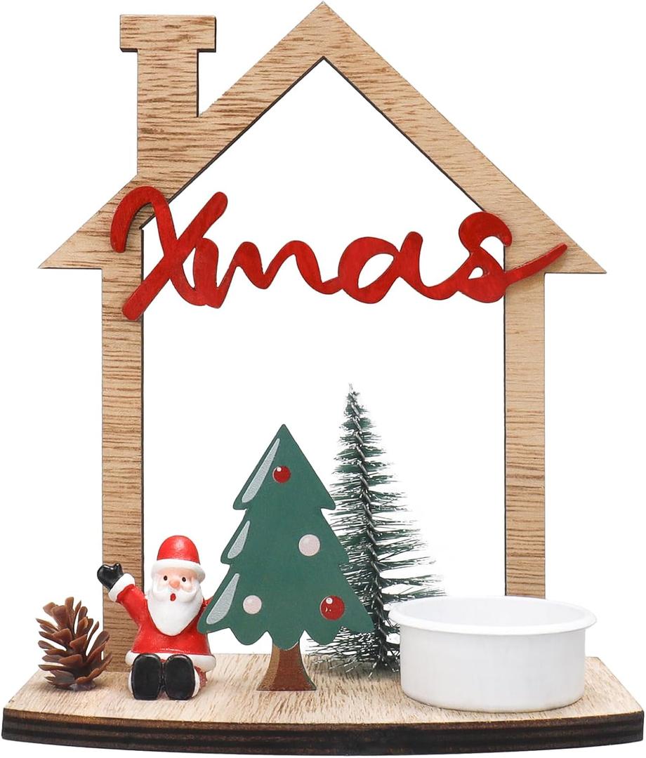 VQN Christmas Wooden Small House Crafts, Xmas Scene Holiday Desktop Ornament for Table Centerpieces, Home Merry Christmas Sign, Rustic Winter Village Set Decor with Santa Claus, Xmas 2 Pack